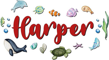 Custom Nursery Name Sign with Themed Decor Kit | Personalized Wooden Wall Art for Baby, Kids Room | Space, Jungle, Circus, Under the Sea, Woodland, Rainbow (40", Under the Sea)