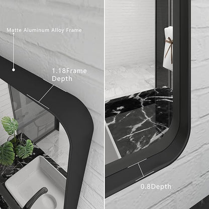 24x36 Inch Black Framed Mirror for Wall, Matte Black Bathroom Rectangle Mirror, Rounded Corner, Anti-Rust (Horizontal/Vertical)