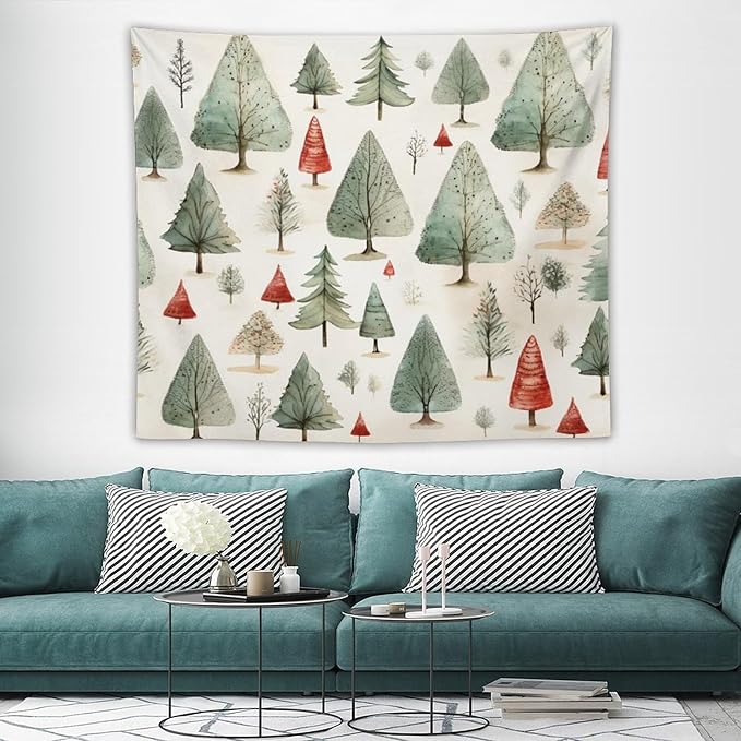 MaSiledy Vintage Christmas Tree Watercolor Tapestry As Wall Art Rustic Style Nature Forest Tapestry for Bedroom Aesthetic Landscape Tapestry Wall Hanging Decor for Bedroom 50"x60"