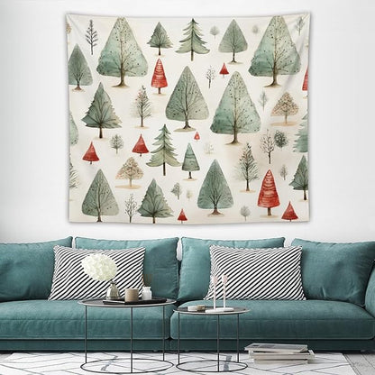 MaSiledy Vintage Christmas Tree Watercolor Tapestry As Wall Art Rustic Style Nature Forest Tapestry for Bedroom Aesthetic Landscape Tapestry Wall Hanging Decor for Bedroom 50"x60"