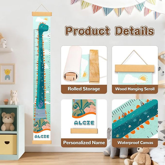 Personalized Name Growth Chart for Kids, Dinosaur Canvas Child Height Measurement, Kids Measuring Chart for Wall, Kids Room Wall Decor, Removable & Waterproof Growth Chart Ruler