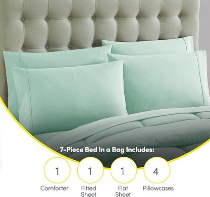 Sweet Home Collection 7 Piece Comforter Set Bag Solid Color All Season Soft Down Alternative Blanket & Luxurious Microfiber Bed Sheets, Mint, Full