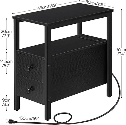HOOBRO End Table with Charging Station, Narrow Side Table with 2 Drawer & USB Port & Power Outlets, Nightstand for Small Spaces, Stable and Sturdy, for Living Room, Bedroom, Black BK541BZ01