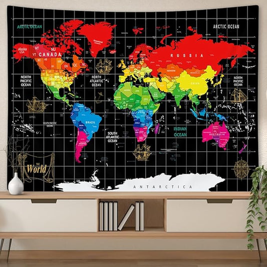 World Map Tapestry, Black Map World Vintag Topography Educational Wall Art Tapestries，Asia Europe South City Topography America Africa Japan Tapestry Wall Hanging 40X30 Inch