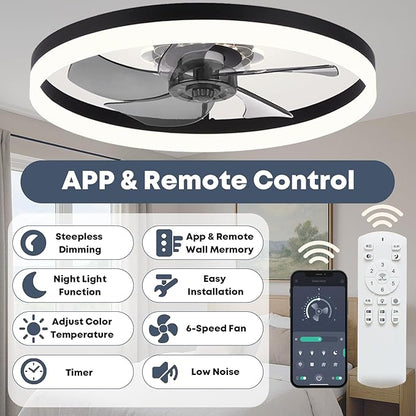 23.6'' Ceiling Fan with Light, Upgraded Low Profile Fan, Flush Mount Ceiling Fan, 6 Speeds, Dimmable LED, App & Remote Control, Quiet DC Motor, for Bedroom, Living Room, F115 Black