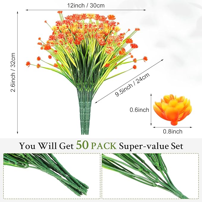 Hoteam 50 Bundles Fall Outdoor Artificial Flowers Plants Uv Resistant Outside Faux Flowers Plastic Fake Plants Outdoor Summer Seasons Decoration Shrubs Garden Porch, Orange