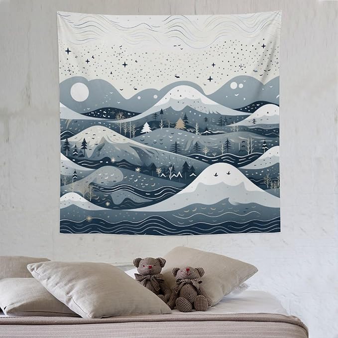 Snow Mountain Scandinavian Winter Tapestries Rustic Country Holiday Tapestries for Bedroom Aesthetic Landscape Tapestry Wall Art for Living Room Dorm 60"x60" Tapestries Winter Snowflake Decorative