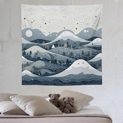 Snow Mountain Scandinavian Winter Tapestries Rustic Country Holiday Tapestries for Bedroom Aesthetic Landscape Tapestry Wall Art for Living Room Dorm 60"x60" Tapestries Winter Snowflake Decorative