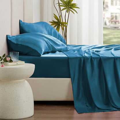 Love's cabin Satin Queen Sheets Set - 4 Piece Teal Silky Bed Sheets with Deep Pocket, Luxury Silk Feel Satin Queen Size Sheet Set (1 Flat Sheet,1 Fitted Sheet,2 Pillow Cases)