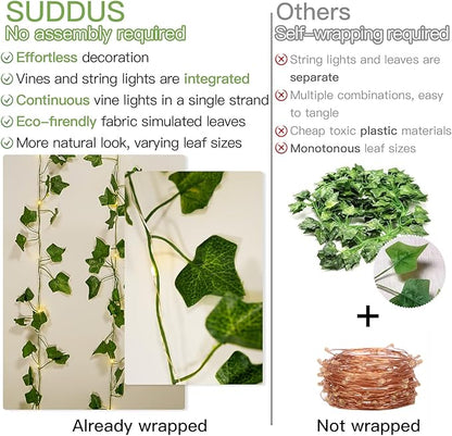 suddus Vine with Fairy Lights Battery Operated, 33ft 100 LED Ivy String Lights with Remote, Leaf Lights for Bedroom, Room, Wall, Garden, Party, Wedding Decor (Warm White)