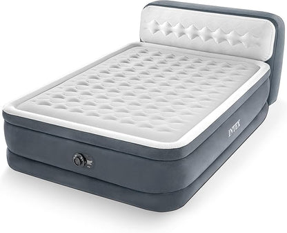 Intex 64447ED Dura-Beam Deluxe Ultra Plush Air Mattress with Headboard: Fiber-Tech – Queen Size – Built-in Electric Pump – 18in Bed Height – 600lb Weight Capacity