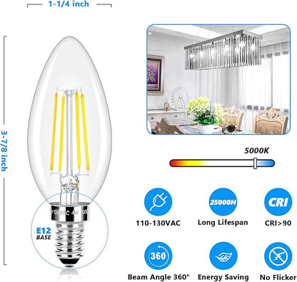 LED Candle Bulbs 40W Equivalent Dimmable, E12 Candelabra Light Bulbs 4W 470Lm Clear Edison LED Bulb, Daylight White 5000K B11 Classic Bright Filament Bulb, Decorative Lights for Lamps, Pack of 5