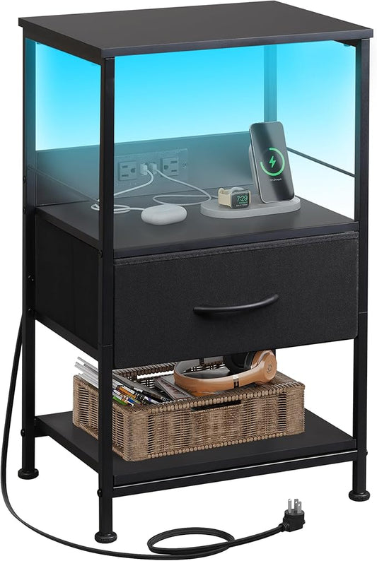 WLIVE Night Stand with Charging Station, LED Nightstand with Adjustable Fabric Drawer, 3-Tier Storage Bedside Table, Small End Side Tables for Bedroom, Black