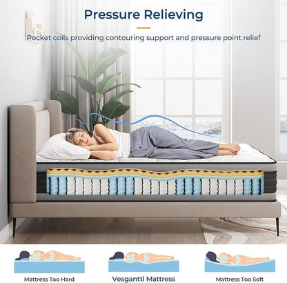 Vesgantti Twin XL Mattress, 12 Inch Hybrid Twin XL Size Mattress in a Box, Memory Foam and Individually Pocket Spring, Innerspring Mattress for Pressure Relief and Supportive, Medium Firm