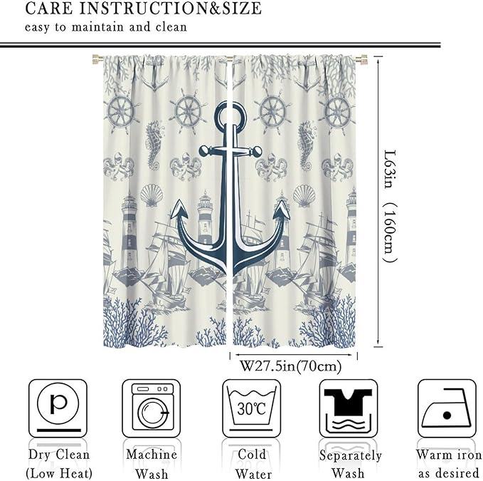 Nautical Anchor Curtains, Vintage Sailboat Ocean Coastal Lighthouse Window Drapes, Navy Blue Coral Shell Seahorse Beach Print Blackout Window Treatments for Living Room Bedroom 55x63in