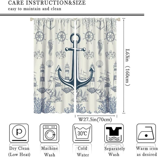 Nautical Anchor Curtains, Vintage Sailboat Ocean Coastal Lighthouse Window Drapes, Navy Blue Coral Shell Seahorse Beach Print Blackout Window Treatments for Living Room Bedroom 55x63in