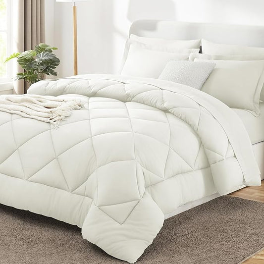 CozyLux Queen Comforter Set Ivory - Bed in a Bag Queen Size 7 Pieces, Luxury Soft Bed Set for All Seasons, Bedding Set with Down Alternative Comforter, Sheets, Pillowcases & Shams