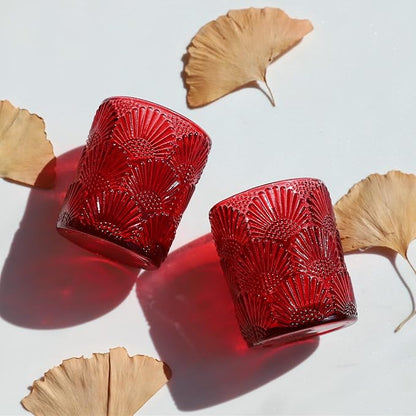 Woho Red Votive Candle Holders Set of 24 Boho Style, Ginkgo Leaves Pattern Tealight Candle Holder for Wedding Table Decor, Vintage Glass Tea Lights Candle Holder for Christmas/Vantines Day Decorations