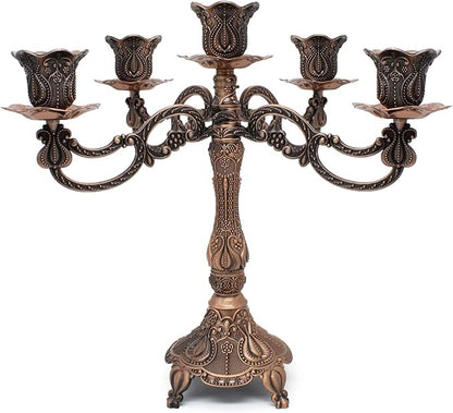 Metal Candelabra 5-Candle 10.1 Inch Tall Candle Holder Stick for Home Wedding Event and Party Festival,Red Bronze