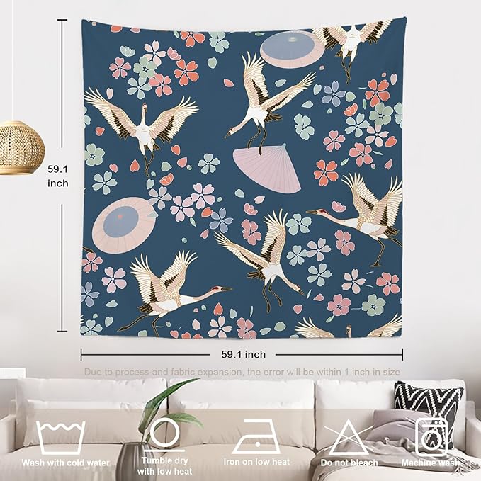 Batmerry Navy Blue Japanese Cherry Tapestry,Oriental Wall Art Hanging Decoration Polyester Fiber White Ruffled Around for Dorm Room Bedroom Living Room, 59.1x59.1 inches