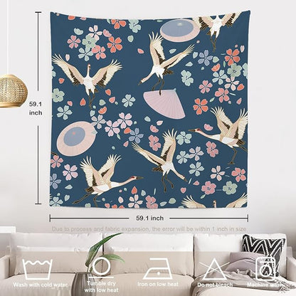 Batmerry Navy Blue Japanese Cherry Tapestry,Oriental Wall Art Hanging Decoration Polyester Fiber White Ruffled Around for Dorm Room Bedroom Living Room, 59.1x59.1 inches