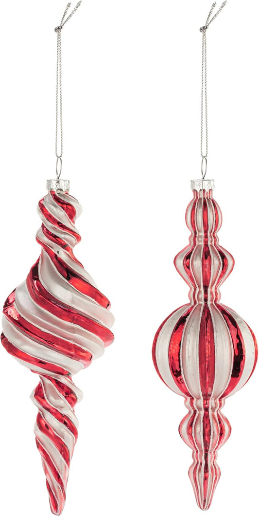 DEMDACO Cozy Time Shimmering Red and White Striped 3 x 8 Inch Glass Christmas Tree Decoration, Festive Holiday Décor, Hanging Finial Ornaments, Set of 2, Candy Cane