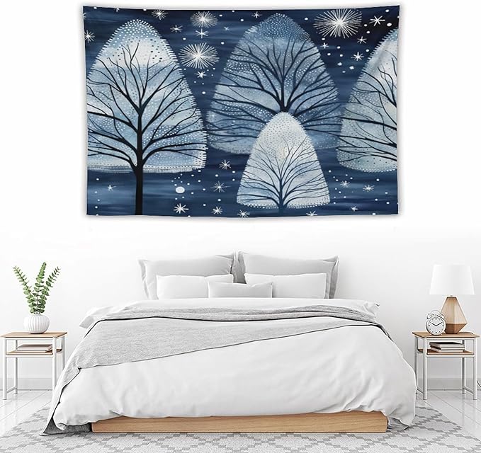 Trendy Blue Silver Glitter Tree Christmas Tapestries Happy Winter Holiday Aesthetic Bedroom Tapestries Landscape Tapestry Bedroom Wall Decor Living Room 60"x90" Tapestries Winter Snowflake Decorative