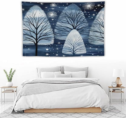 Trendy Blue Silver Glitter Tree Christmas Tapestries Happy Winter Holiday Aesthetic Bedroom Tapestries Landscape Tapestry Bedroom Wall Decor Living Room 60"x90" Tapestries Winter Snowflake Decorative