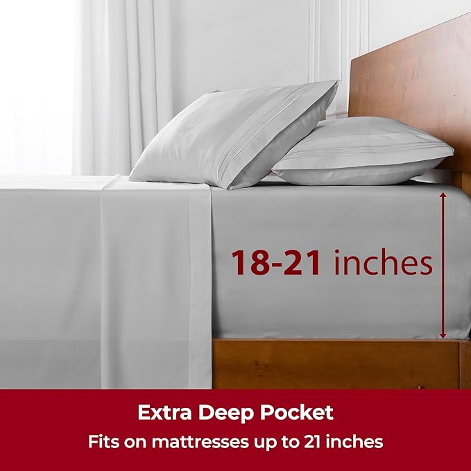 Mellanni Extra Deep Queen Sheets - 4 PC Iconic Collection Bedding - Hotel Luxury, Ultra Soft, Cooling Bed Sheets - Wrinkle, Fade, Stain Resistant (Queen, Light Gray)