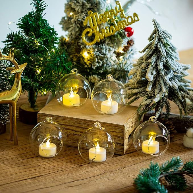 12 Pcs 3.15"/ 8cm Hanging Glass Tealight Holder Globe with LED Tealight, Plant Terrariums Glass Orbs Air Plants Tea Light Candle Holders Home Decor Indoor Outdoor Garden DIY Gifts (12 Pcs)