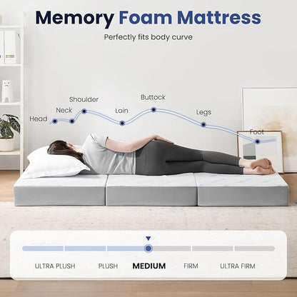 Foldable Mattress Full 4 inch -Portable White Memory Foam Folding Matress with Washable Cover for Camping Travel Guest Room Home Use-Non-Slip&Easy Storage
