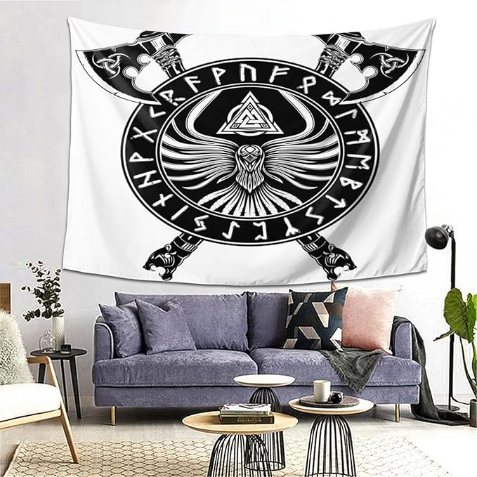Gizmac Viking Black Axe Crow Scandinavian Runes Room Tapestry Bedroom Living Room Decor Tapestry(80x60 Inches)