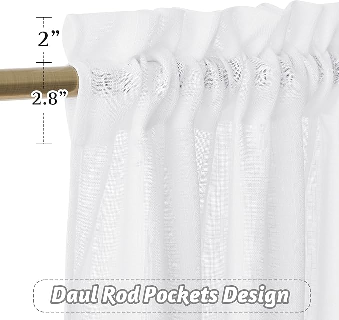 RYB HOME White Semi Sheer Curtains, Light Filtering Privacy Protection 2 Panels Set Linen Textured Small Window Treatments for Living Room Dining Bedroom, W 42 x L 54 inches, White, 2 Panels