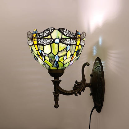 Tiffany Sconce Lamp Stained Glass Wall Lamp,8X10.5X11 Inch Plug in Wall Bedside Light for Hallway Bedroom (Brown Dragonfly)
