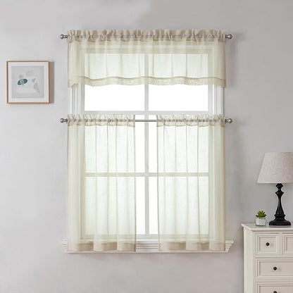 Aiyufeng Kirei Faux Linen Sheer Valance Curtain for Kitchen 14 Inch Length, Lightweight Soft Textured Valance for Farmhouse Bathroom Living Room Bedroom Toppers Windows, 60X14 Inch, 1 Piece, Linen