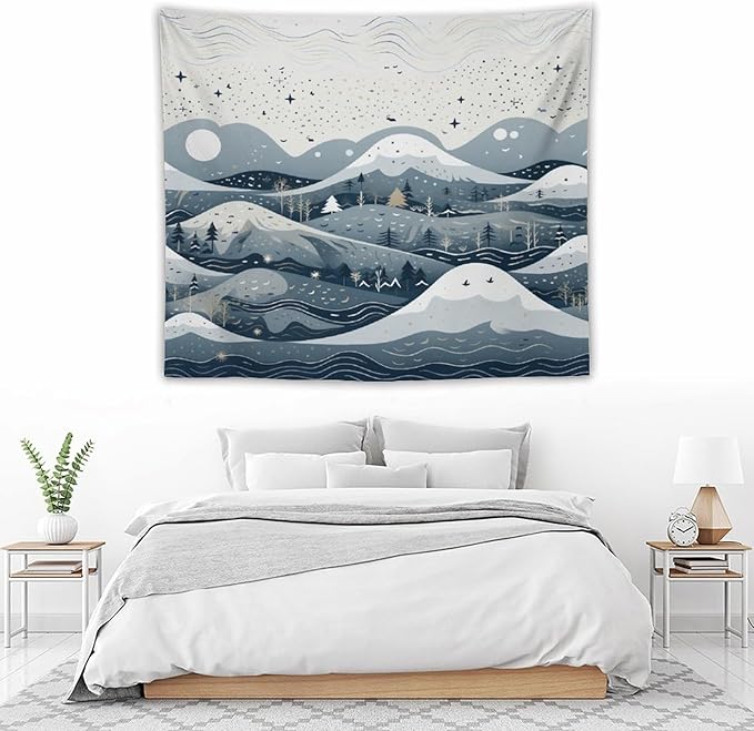 Tapestry As Wall Art Snow Mountain Scandinavian Winter Tapestry Hello Winter Holiday Tapestries for Bedroom Wall Hanging for Bedroom Living Room Dorm 50"x60" Tapestries Winter Snowflake Decorative