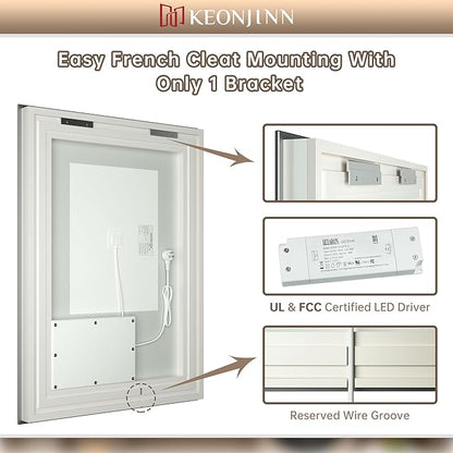 Keonjinn LED Bathroom Mirror 84" x 32" with Frontlit and Back Light, Large Tempered Glass Stepless 3 Colors Temperature & Dimmable Wall Mirror, UL Listed LED Driver, Double LED Strips, Anti-Fog Mirror