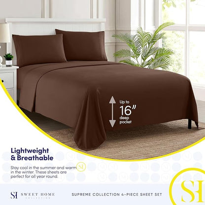Twin XL Sheets - Breathable Luxury Sheets with Full Elastic & Secure Corner Straps Built In - 1800 Supreme Collection Extra Soft Deep Pocket Bedding Set, Sheet Set, Twin XL, Brown