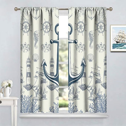 Nautical Anchor Curtains, Vintage Sailboat Ocean Coastal Lighthouse Window Drapes, Navy Blue Coral Shell Seahorse Beach Print Blackout Window Treatments for Living Room Bedroom 72x63in