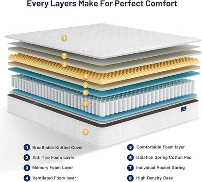 Vesgantti 8 Inch Multilayer Hybrid Queen Mattress - Multiple Sizes & Styles Available, Ergonomic Design with Memory Foam and Pocket Spring, Medium Firm Feel, White
