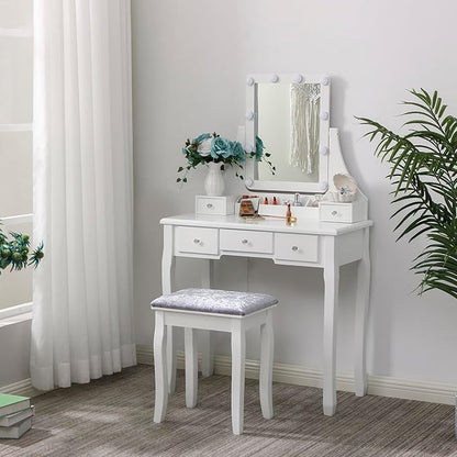 BEWISHOME Makeup Vanity Desk with Lights,Girls Vanity Set with Mirror and Stool,Small Vanity Desk with 5 Drawers,3 Light Settings,Adjustable Brightness,Dressing Table for Bedroom,White FST08W
