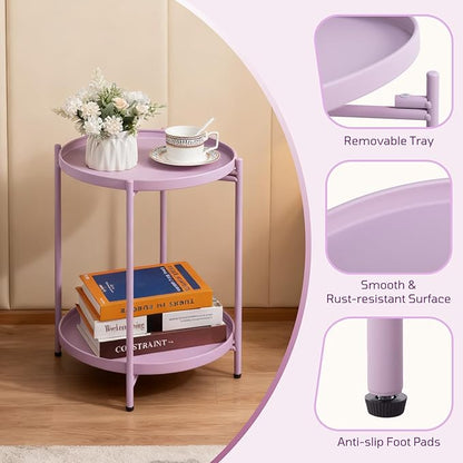 HollyHOME 2-Tier Round Side Table, Outdoor Small Folding Accent Stand with Removable Tray, Anti-Rust Metal Asional Table for Balcony Patio Living Room, Nightstand for Bedroom(Purple)
