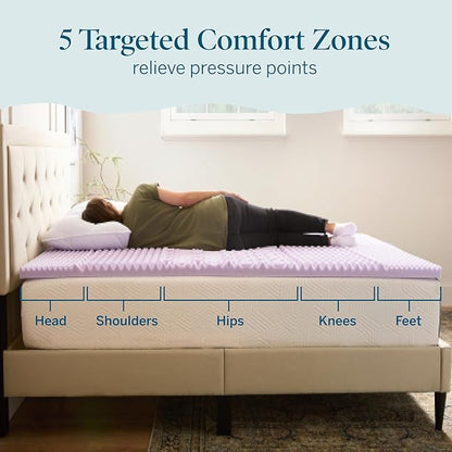 LUCID Lavender Infused 2 Inch Memory Foam Mattress Topper with 5 Zones – King Size – Plush Feel – CertiPUR Certified – Dorm Room Essentials