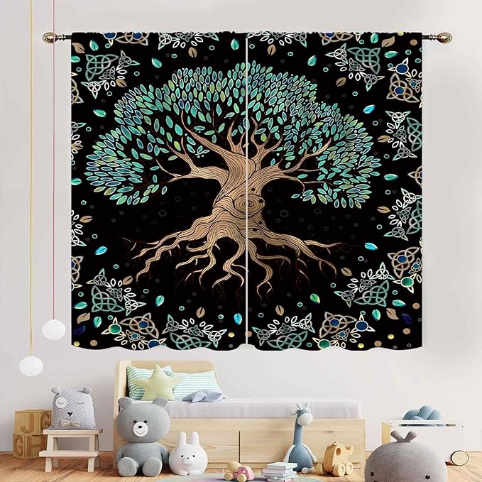 Tree of Life Curtains, Hippie Green Leaves Tree Life Vikings Celtic Nordic Aesthetic Mythology Window Drapery Treatments for Bedroom Living Room Bathroom 2 Panels, 42"x54" Inch
