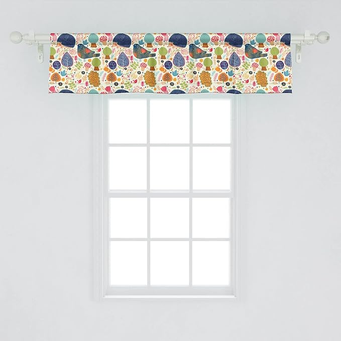 Lunarable Fall Window Valance Pack of 2, Hedgehog Pigeon and Mushroom with Autumn Season Themed Forest Design Falling Leaves, Rod Pocket Curtain Valances for Kitchen Bedroom, 54" X 12", Navy Beige
