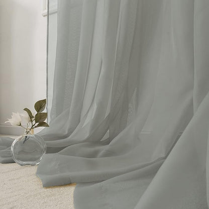 HUTO Sage Grey Sheer Window Curtains 52 by 63 Inch Length Rod Pocket Window Sheer Panels Drapes 2 Panels Curtains for Bedroom Living Room Nursery