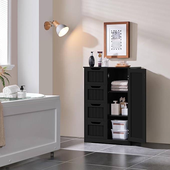 Yaheetech Wooden Bathroom Floor/Side Storage Organizer Cabinet with 4 Drawers and 1 Cupboard, Freestanding Entryway Storage Unit Console Table for Home Decor