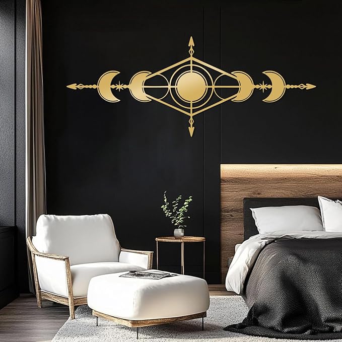 Hfrolixit Moon Phase Metal Wall Decor, Boho Moon Metal Wall Art, Celestial Wall Decor, Scandinavian Natural Wall Art, Astrology Wall Hanging (Gold, 59"x24"/150x60cm)