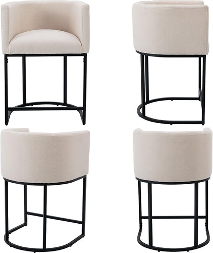 Modern Counter Height Linen Upholstered Bar Stools Set of 3, 24" Kitchen Counter Island Stools Bar Chairs with Black Metal Frame, Cream