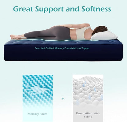 Hansleep College Dorm Twin XL Mattress Topper Viscose Derived from Bamboo, Memory Foam Pillow Top Mattress Topper Twin XL, Breathable Mattress Pad for Back Pain Relief, 39" x 80", Navy Blue
